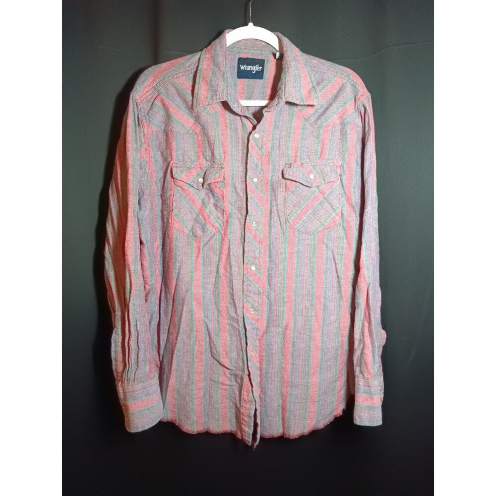 Vintage Wrangler Mens XL Pearl Snap Western Cowboy Flannel Shirt Red Blue Stripe